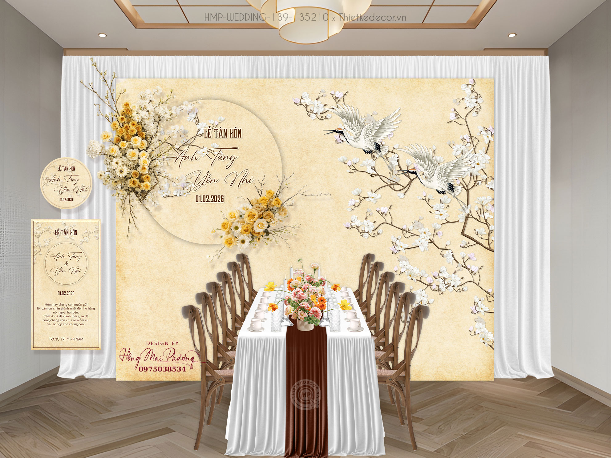 File thiết kế Gia tiên, trang trí tiệc cưới đẹp tone vàng họa tiết chim cành